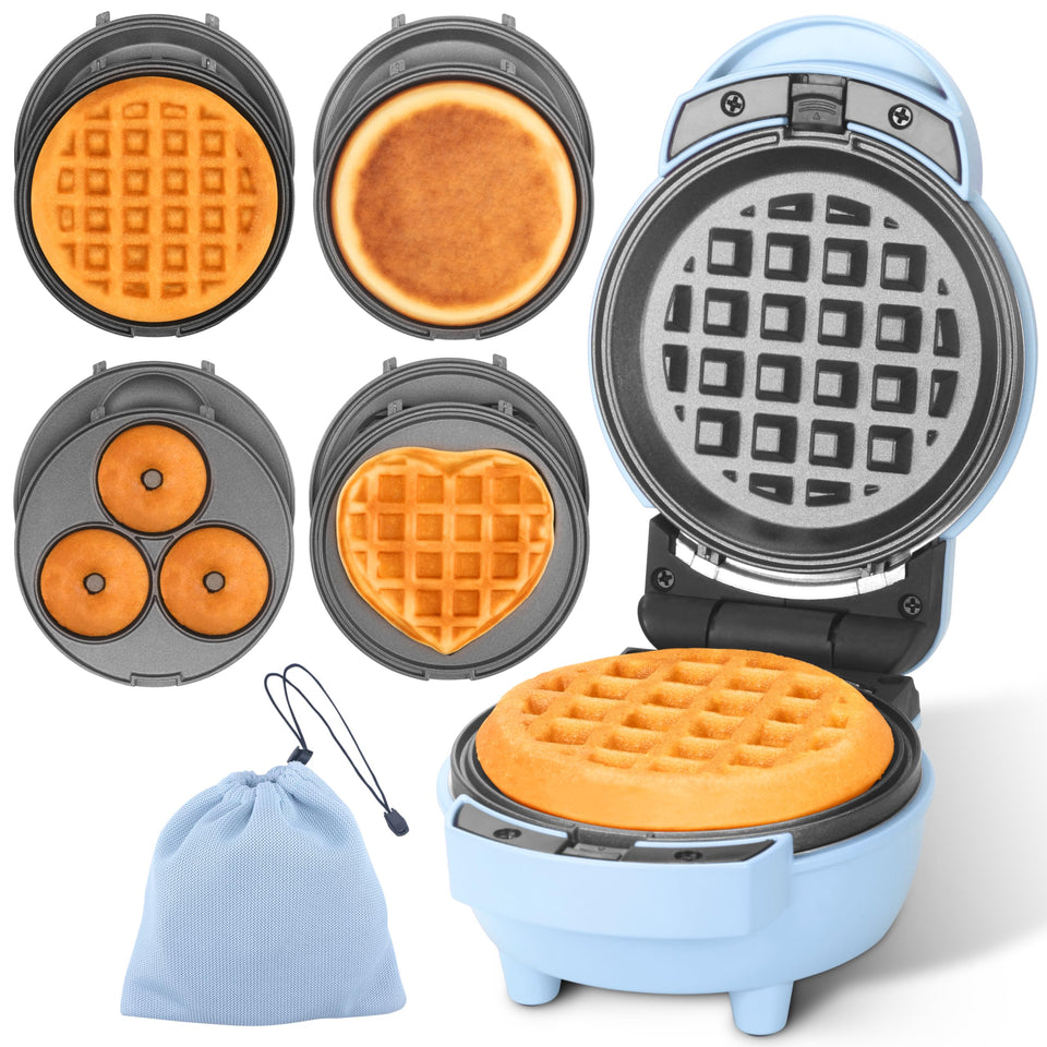 Baker's Friend 4in1 mini-waffle-maker blue with removable plates for easy cleaning