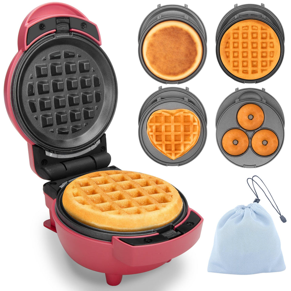 Baker's Friend 4-in-1 mini waffle maker with removable plates for easy cleaning.