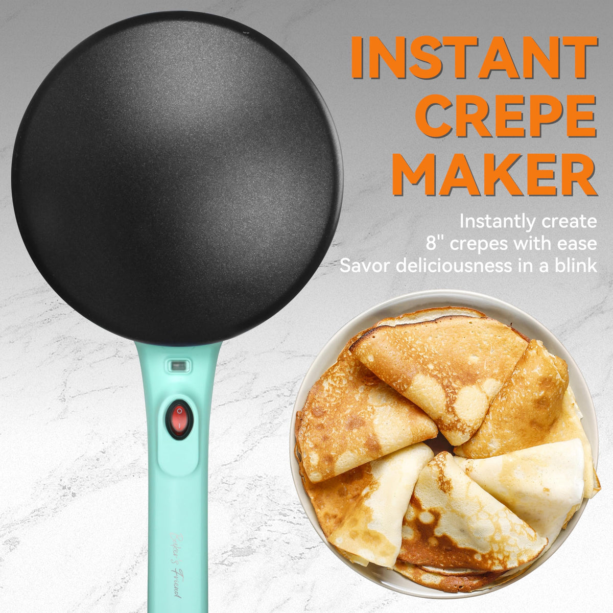 Baker's Friend 8-inch non-stick surface enables easy release and quick cooking.