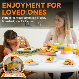 Baker's Friend aqua color mini waffle maker fits small kitchens.
