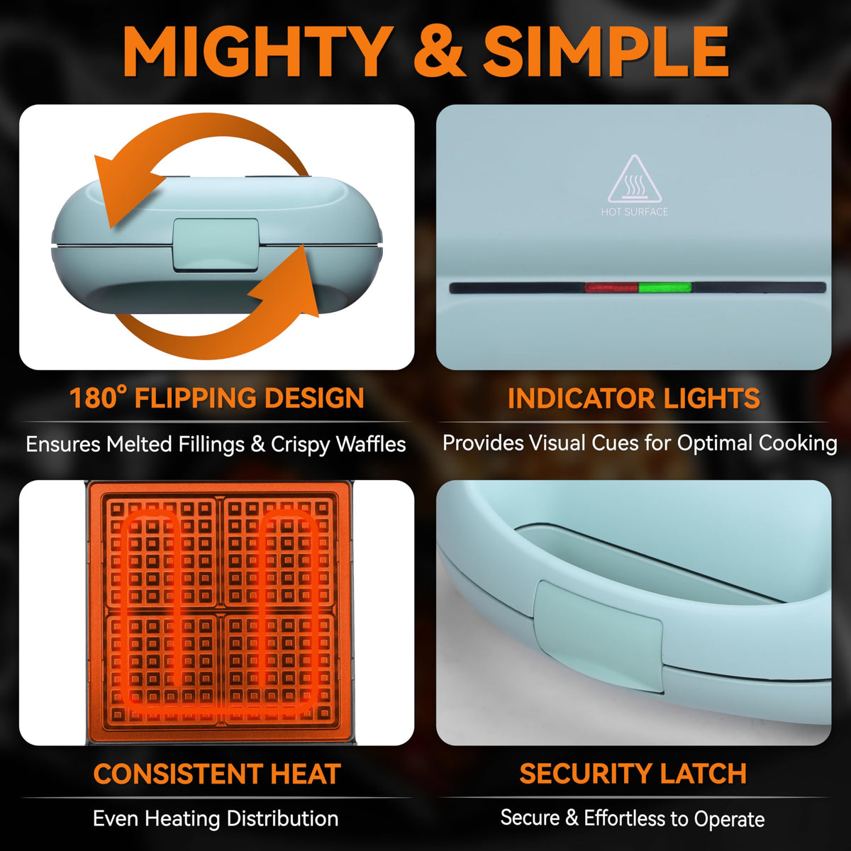 Baker's Friend aqua 180-degree flip for even browning across waffles