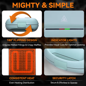 Baker's Friend aqua 180-degree flip for even browning across waffles