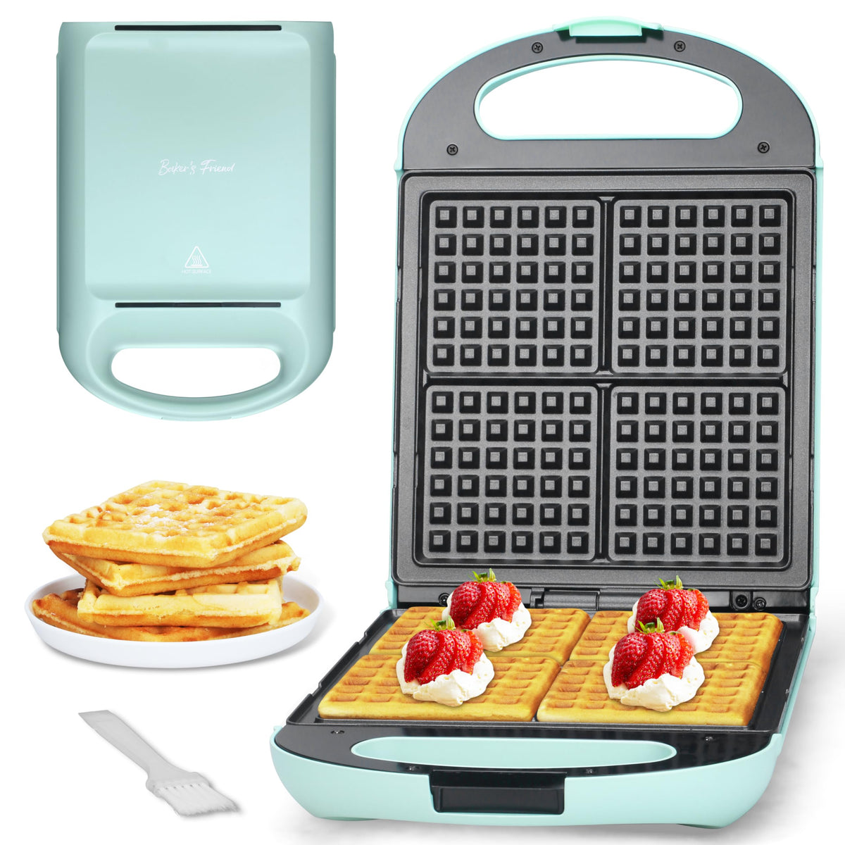 Baker's Friend waffle maker with a closed lid for compact storage and clean lines