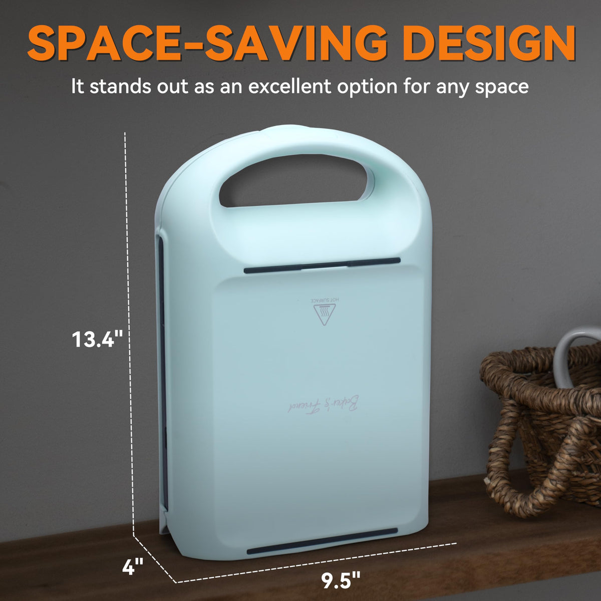 Baker's Friend aqua waffle maker showing cord wrap and storage-friendly design