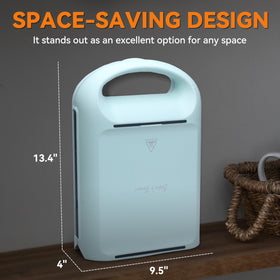 Baker's Friend aqua waffle maker showing cord wrap and storage-friendly design