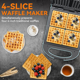Baker's Friend aqua waffle maker preparing four waffles at once for family breakfasts