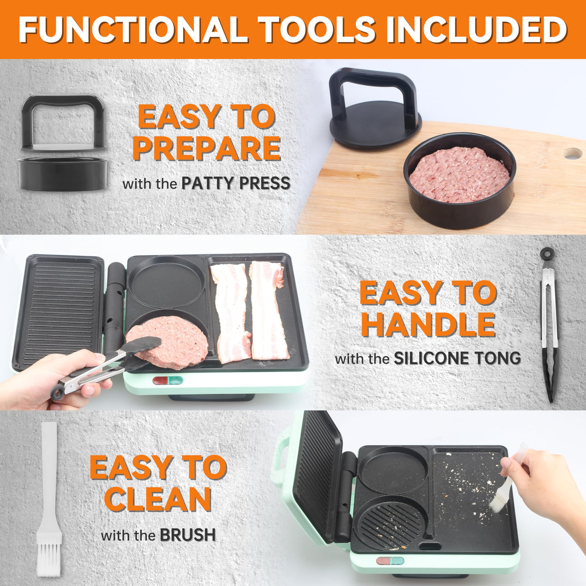 Baker's Friend burger press and silicone tong for perfect patties