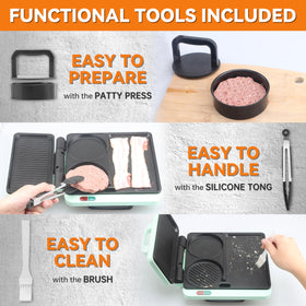 Baker's Friend burger press and silicone tong for perfect patties