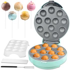 Baker's Friend cake pop maker aquamarine front view, compact design for quick family baking.