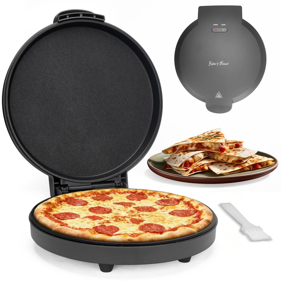 Baker's Friend countertop pizza maker with a 12-inch crust ready to bake and serve.