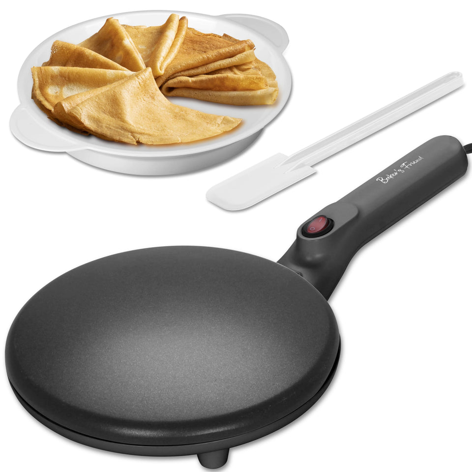 Baker's Friend crepe maker graphite front view delivering quick, evenly cooked crepes