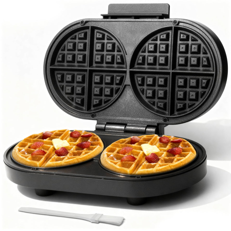 Baker's Friend double Belgian waffle maker graphite front view for fast family breakfasts.