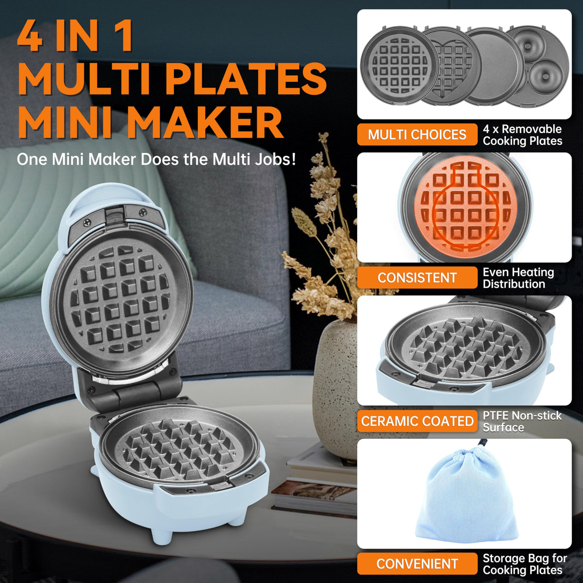 Baker's Friend heart-shape waffle in blue for fun presentations