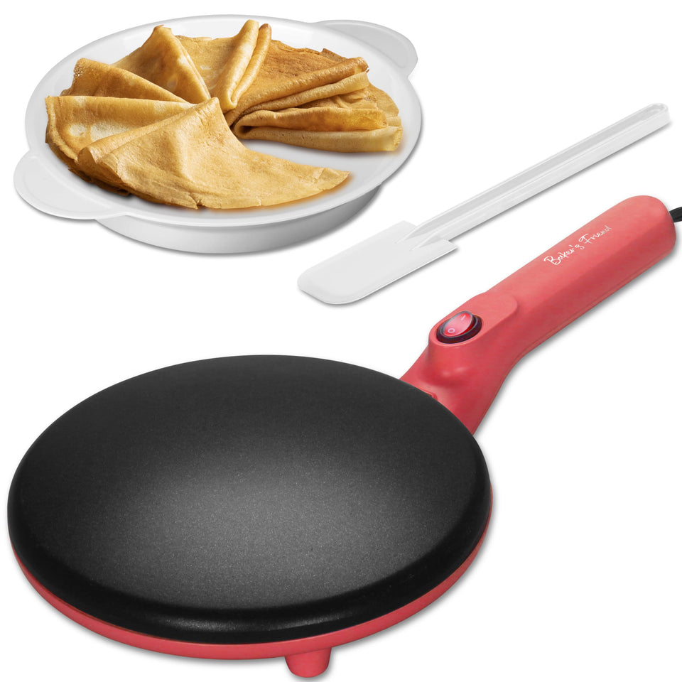 Baker's Friend Instant Crepe Maker with handle for easy, controlled flipping.