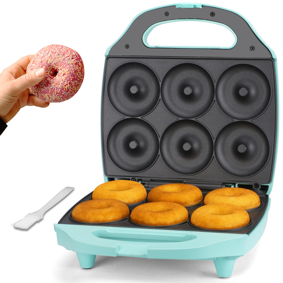 Baker's Friend mini donut maker in aqua finish for quick homemade treats.