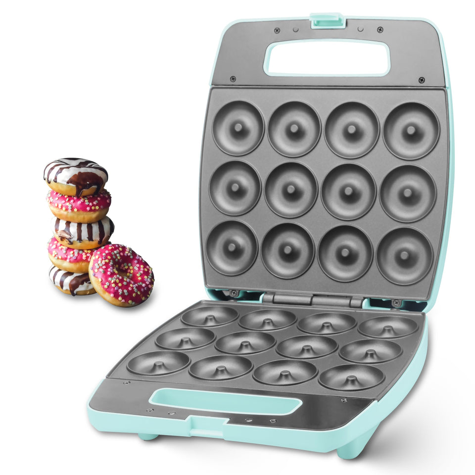Baker's Friend mini donut maker front view highlighting compact countertop convenience.