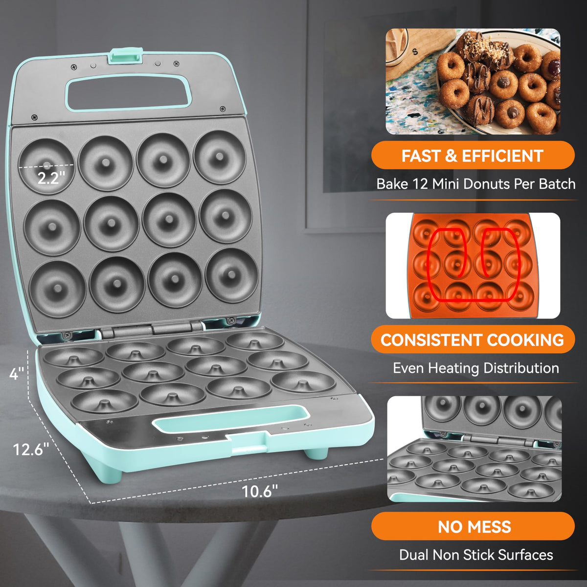 Baker's Friend mini donut maker nonstick surfaces enable easy release.