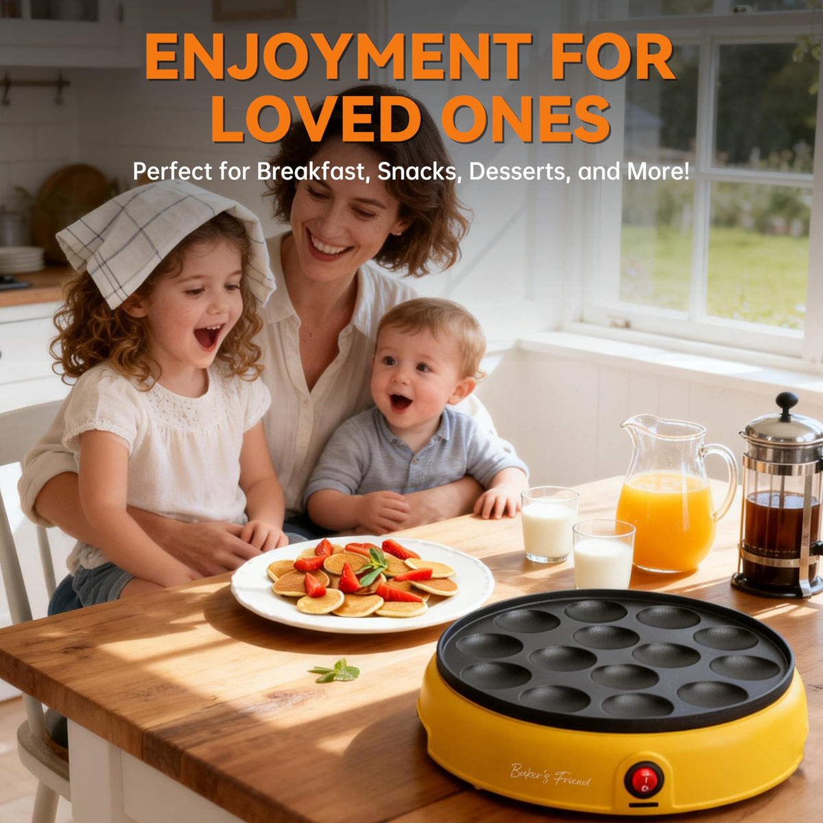 Baker's Friend mini pancakes pan on kitchen counter, great for snacks.