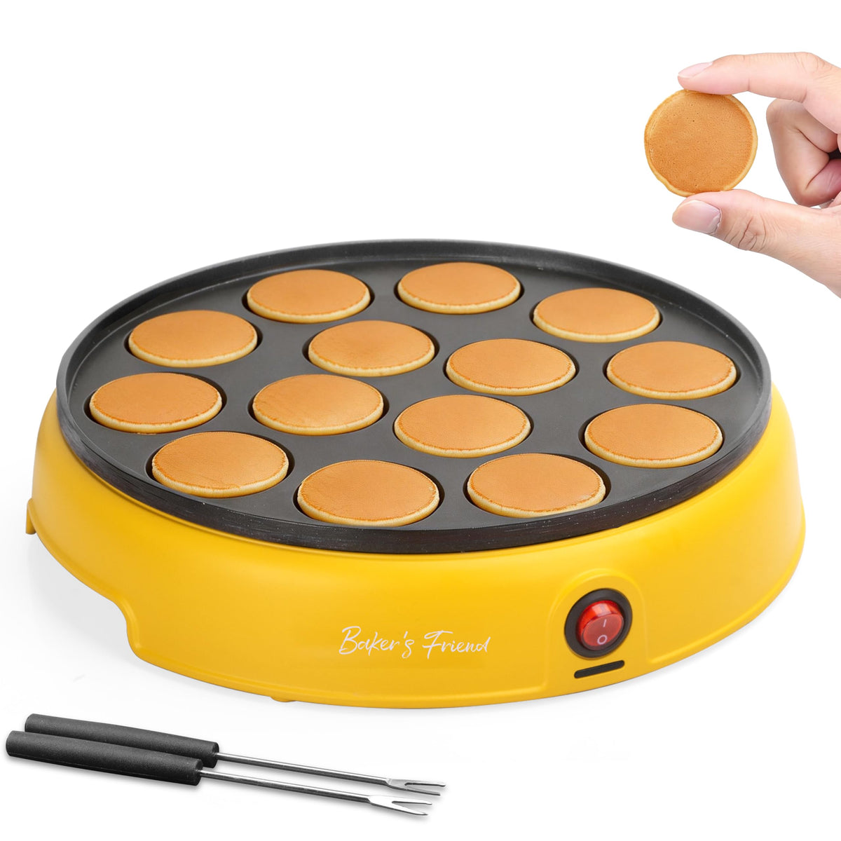Baker's Friend mini pancakes pan front view with 14 holes, ideal for quick poffertjes breakfasts.