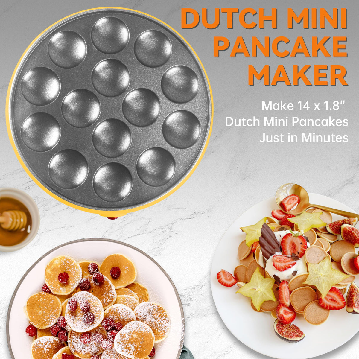 Baker's Friend poffertjes pan side view, evenly cooks 14 mini pancakes.