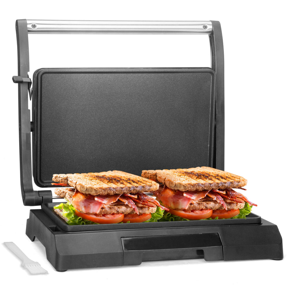 Baker's Friend mini panini press in stainless steel for even browning on paninis.