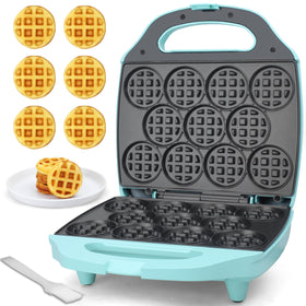 Baker's Friend mini waffle maker with 11-hole design for quick batch waffles.