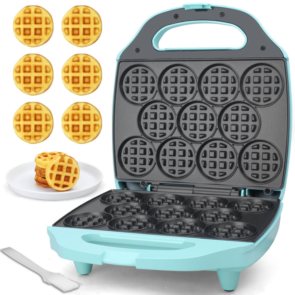 Baker's Friend mini waffle maker with 11-hole design for quick batch waffles.