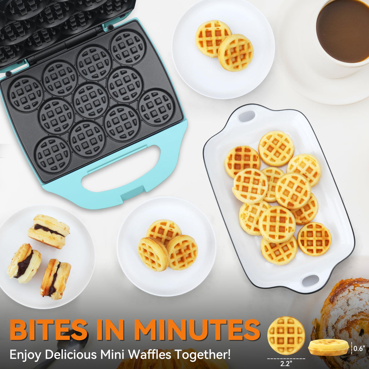 Baker's Friend mini waffle maker on a counter showcasing compact, space-saving design.