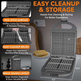 Baker's Friend waffle iron producing four standard 4-inch waffles.