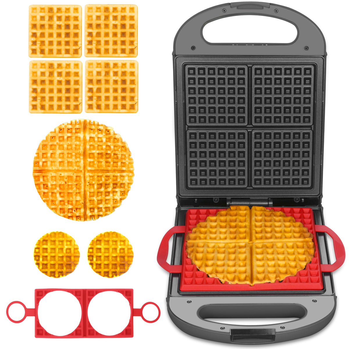 Baker's Friend Multi Shapes Waffle Iron front view with graphite finish and compact design.