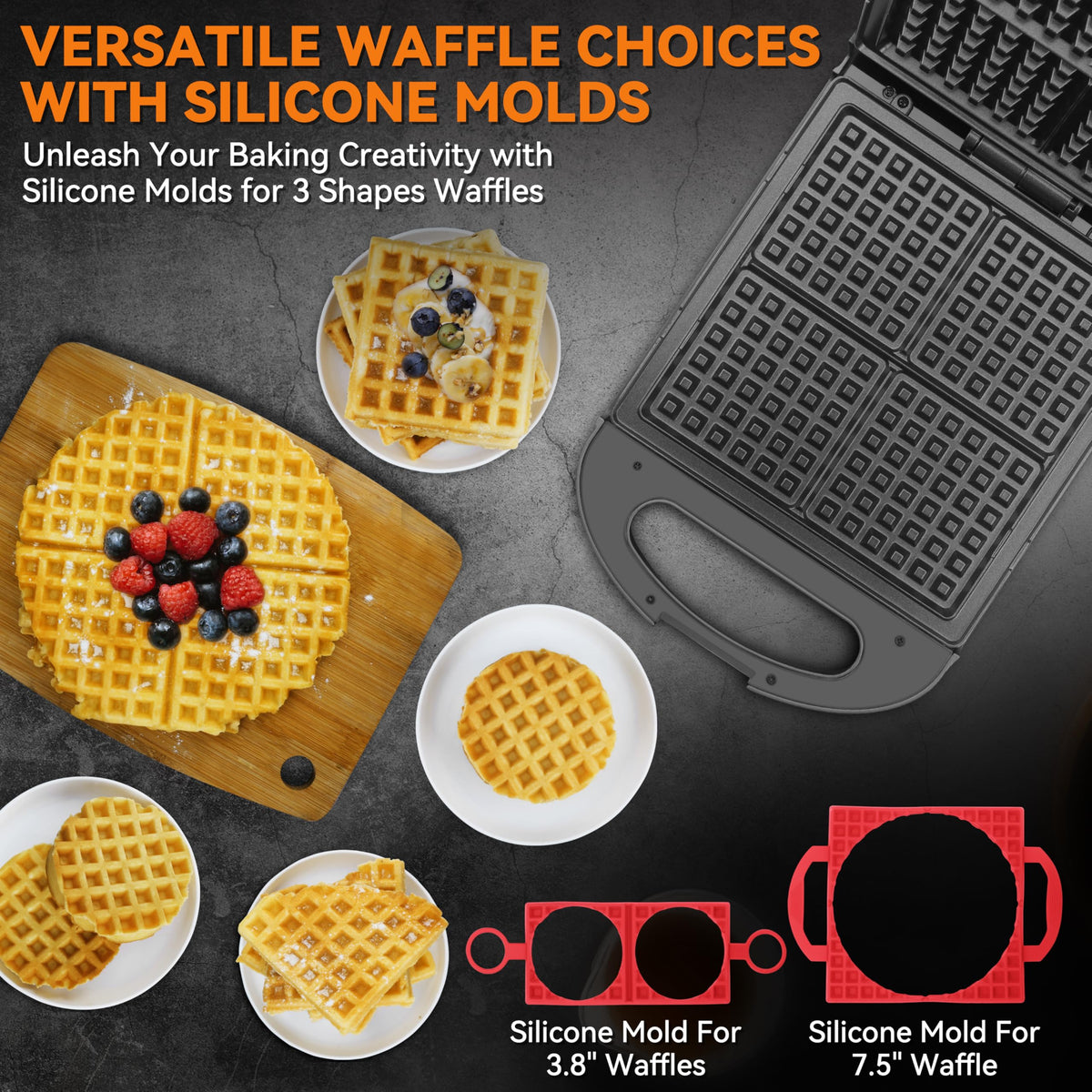 Baker's Friend waffle iron open to reveal two interchangeable molds for versatile shapes.