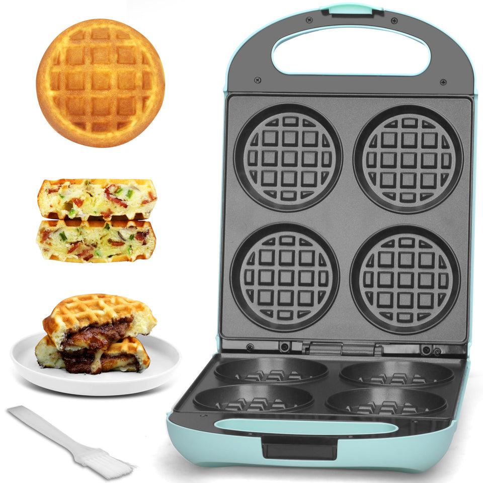 Baker's Friend multi-stuffed waffle maker top view shows four-slice layout for quick meals.