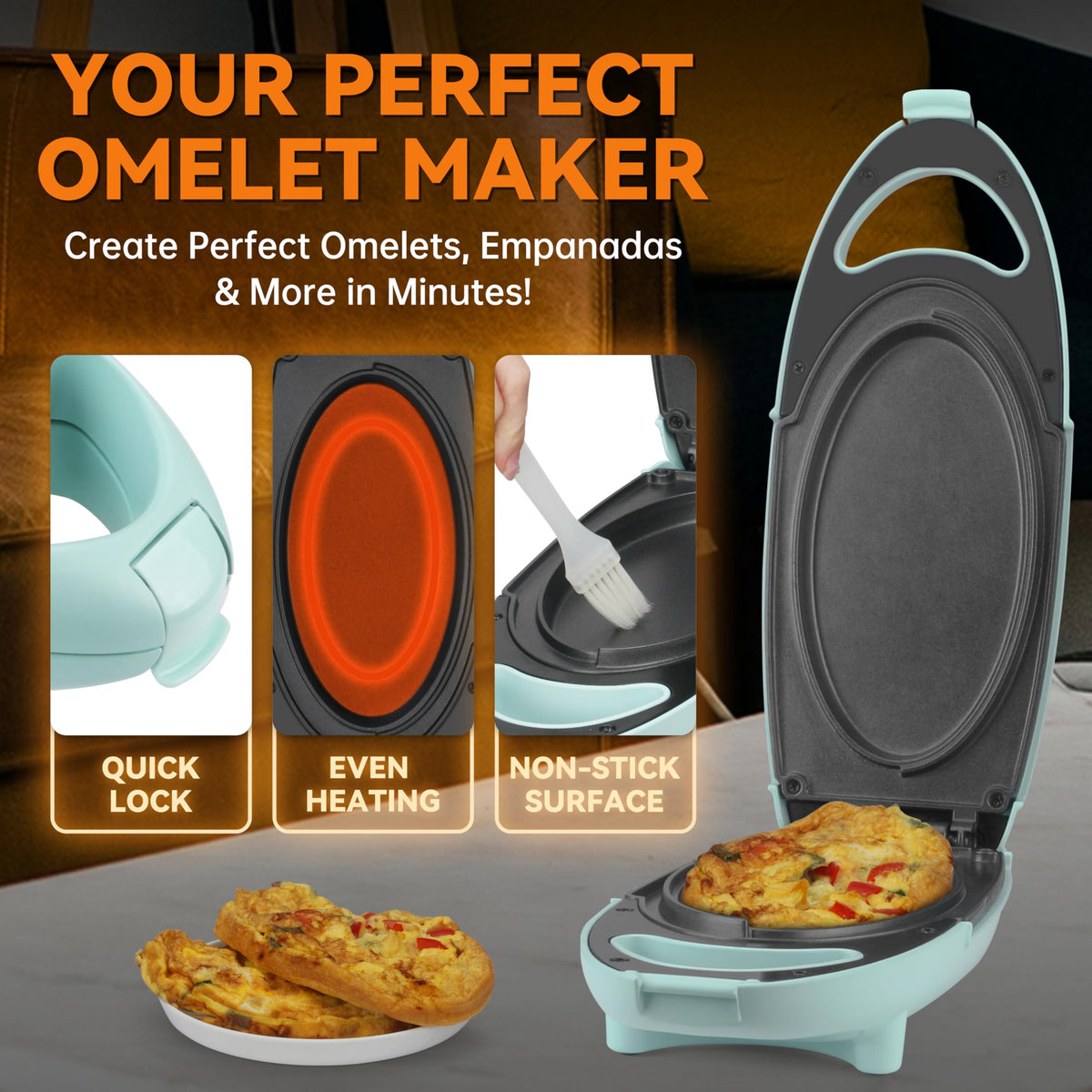 Baker's Friend Omelette Pan Nonstick coating highlights oil-free cooking and easy cleanup.