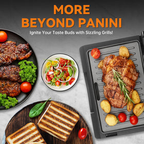 Baker's Friend panini press in use with bread slices showing browning.