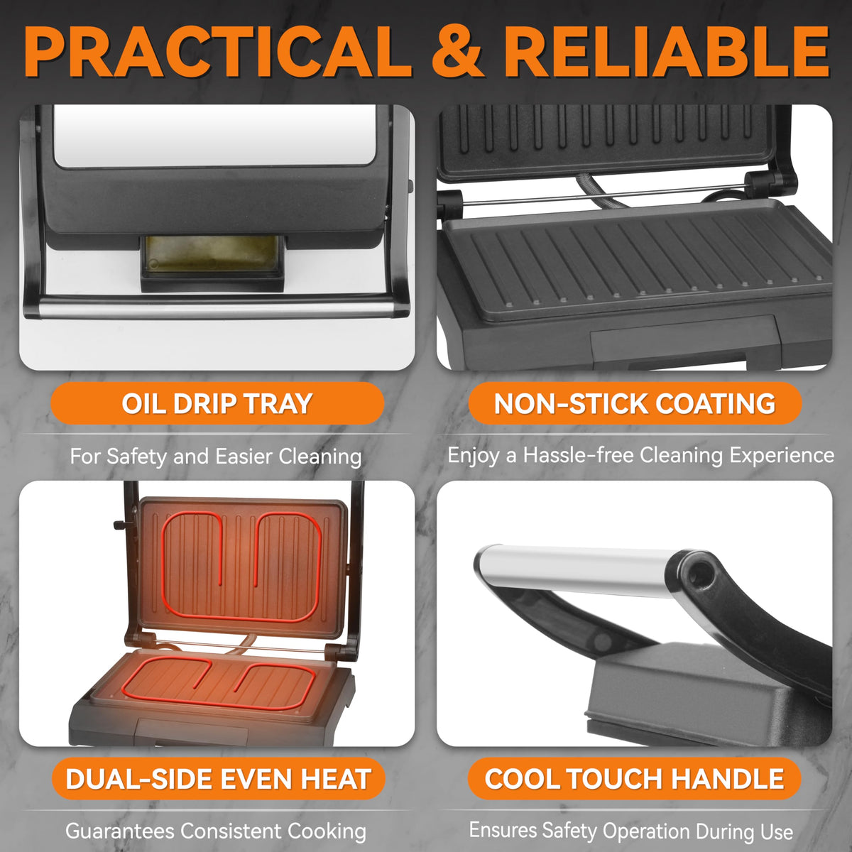 Baker's Friend panini press oil tray integrated for neater cooking and less mess.