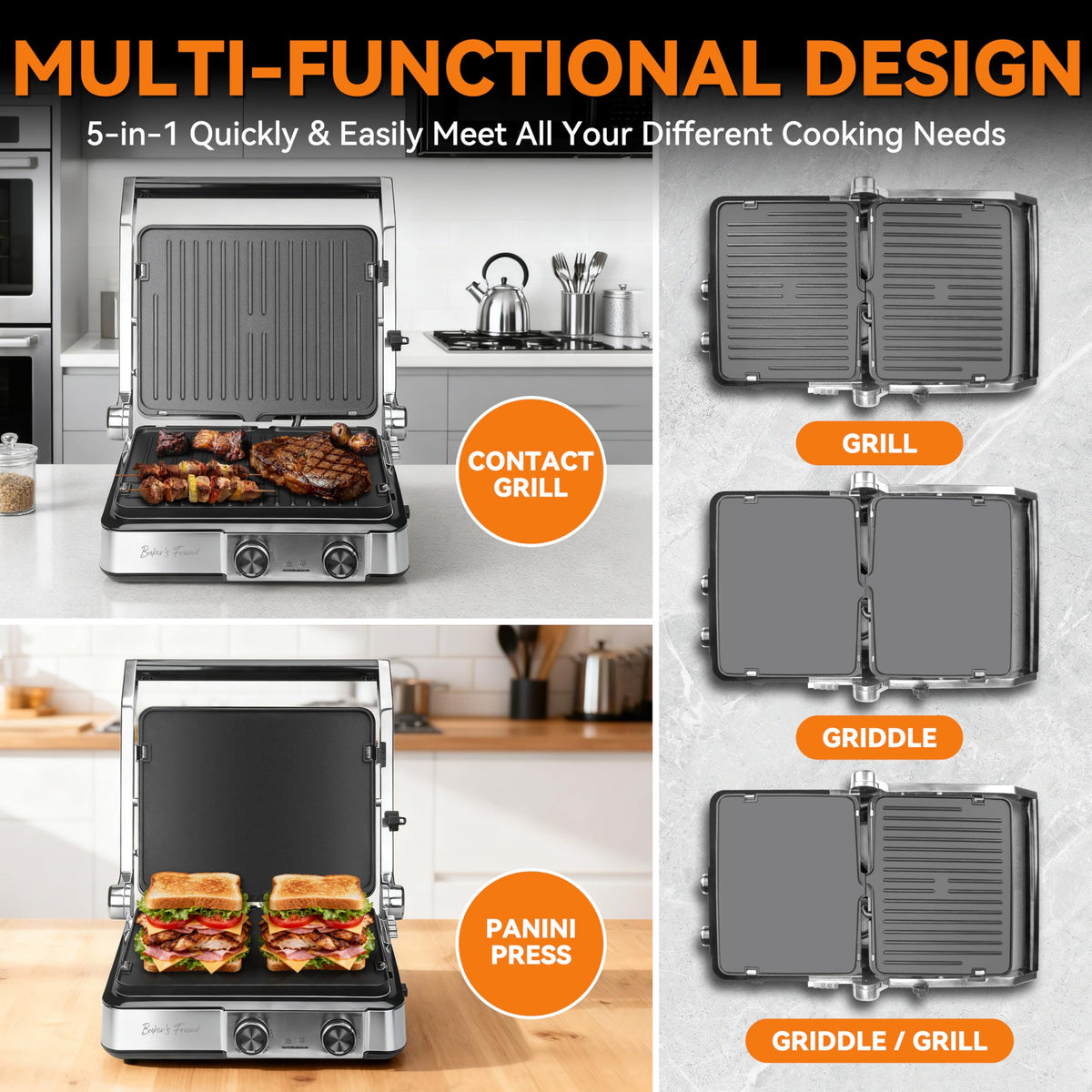 Baker's Friend Panini Press open lid demonstrating adjustable height for thick fillings
