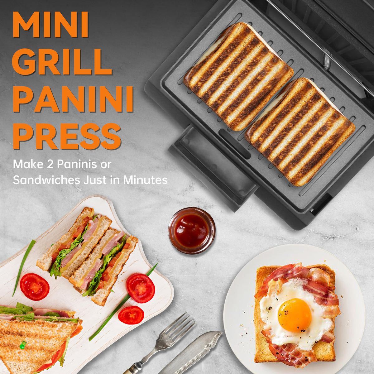 Baker's Friend panini press open view showing flat non-stick plates for easy grilling.
