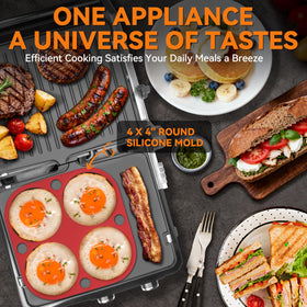 Baker's Friend Panini Press in action sealing juices with dual-zone heating