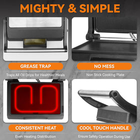 Baker's Friend panini press with automatic thickness control for consistent grilling pressure.