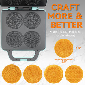 Baker's Friend pizzelle maker bakes four 3.5-inch cookies for easy sharing.