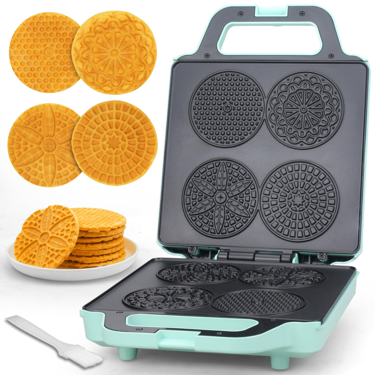 Baker's Friend pizzelle maker shows intricate pattern on cookies for festive treats.