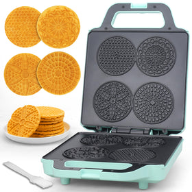 Baker's Friend pizzelle maker shows intricate pattern on cookies for festive treats.
