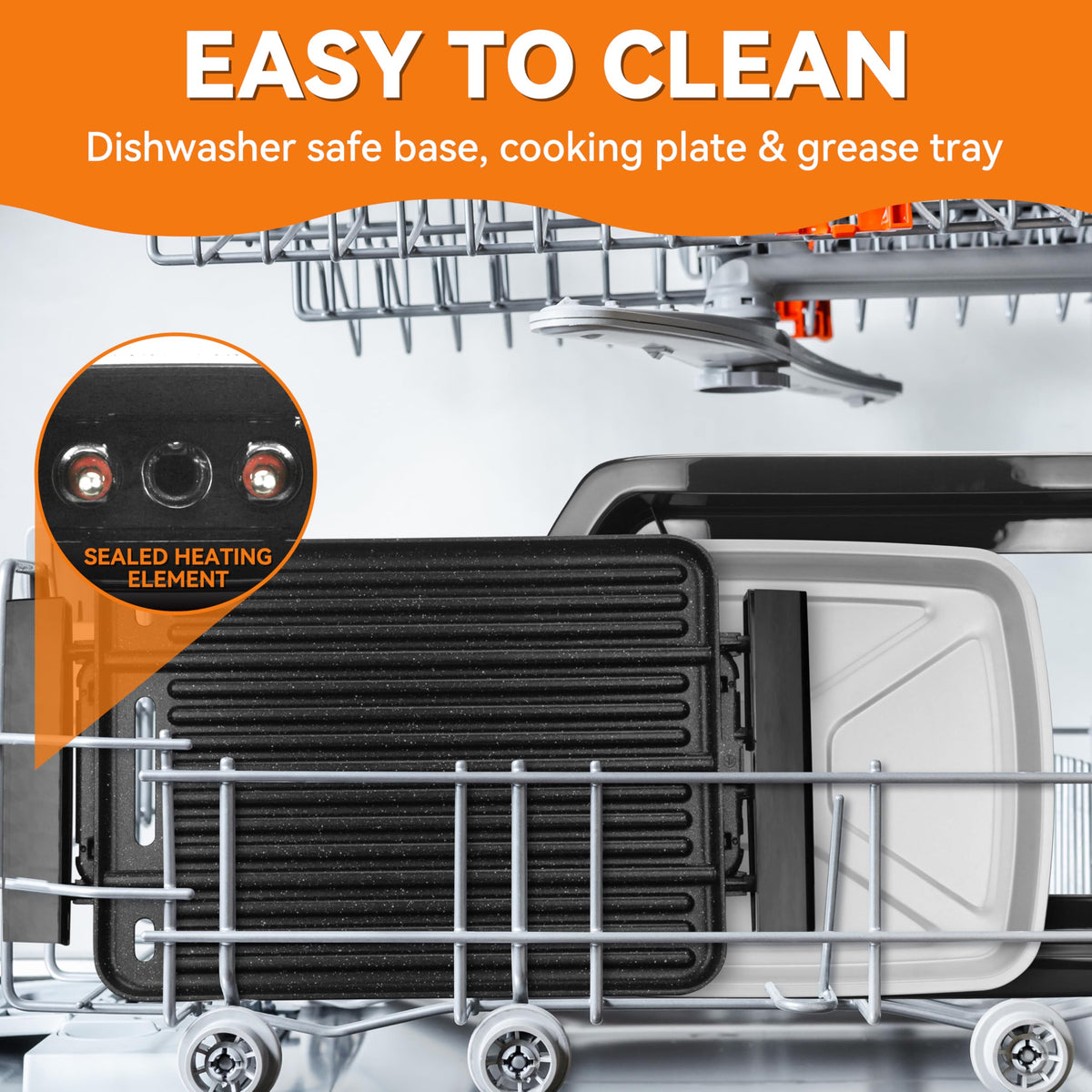 Baker's Friend removable plate and grease tray simplify cleanup, dishwasher safe.