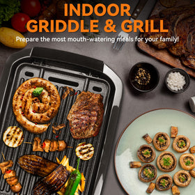 Baker's Friend reversible cooking plate enables easy switch from grill to griddle.