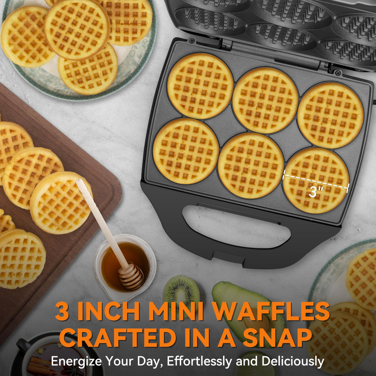 Baker's Friend six waffles cooking simultaneously for faster breakfasts