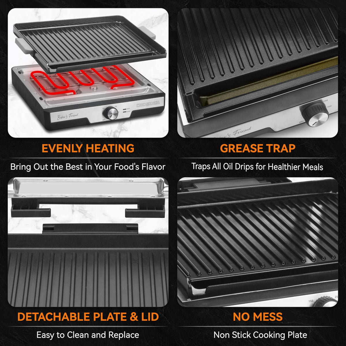 Baker's Friend smokeless grill hood options allow melting toppings or searing.