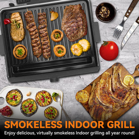 Baker's Friend smokeless grill mesh lid reduces smoke for comfortable indoor grilling.