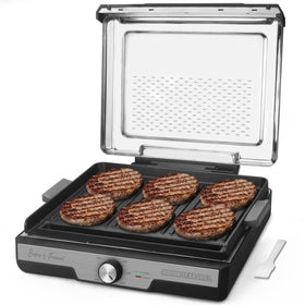 Baker's Friend smokeless indoor grill with removable plates for easy cleanup and versatile cooking.