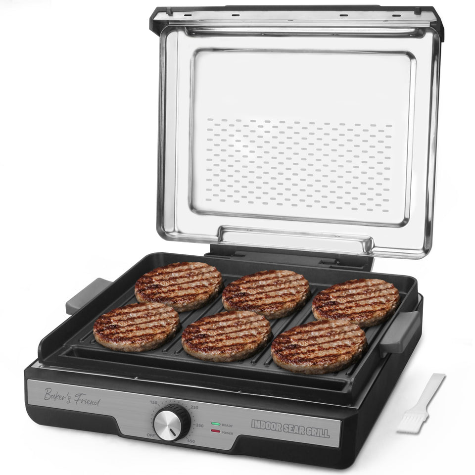 Baker's Friend smokeless indoor grill with removable plates for easy cleanup and versatile cooking.
