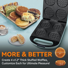 Baker's Friend stuffed waffle iron lid closed, ideal for mess-free cooking.